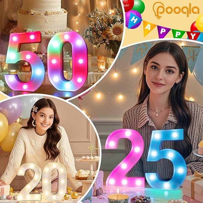 Pooqla Colorful Light Up Numbers, 35 Colors LED Marquee Number Lights for 2nd Birthday Decorations with Remote, RGB Lighted Numbers Gift for Girls Boys Party Night Light Wedding Home Decor, Number 2