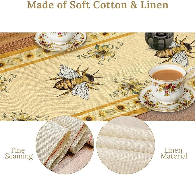 Honey Bee Table Runner, Farmhouse Yellow Sunflower Retro Summer Linen Tables Runners for Kitchen Dining Table Home Party Decor, 13x70inch