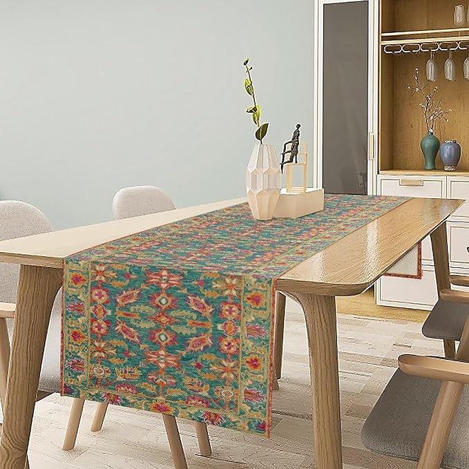 Vintage Boho Floral Table Runner, Rustic Country Farmhouse Teal Red Purple Flower Pattern for Home Kitchen Table Decor Dining Coffee Room Party Decor 13x90in