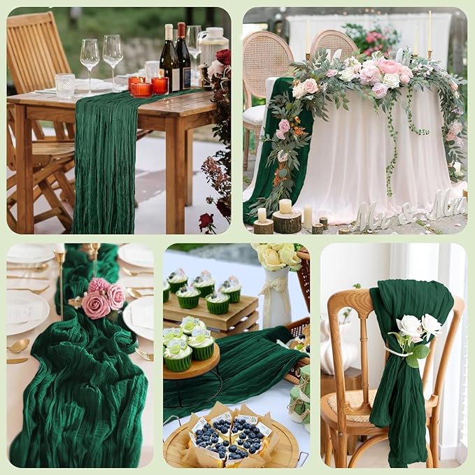 Asee'm 2PCS Table Runner Cheesecloth 10FT Emerald Green Boho Gauze Fabric Rustic Sheer Cheese Cloth Runners for Wedding Bridal Shower Party Spring Easter Decoration