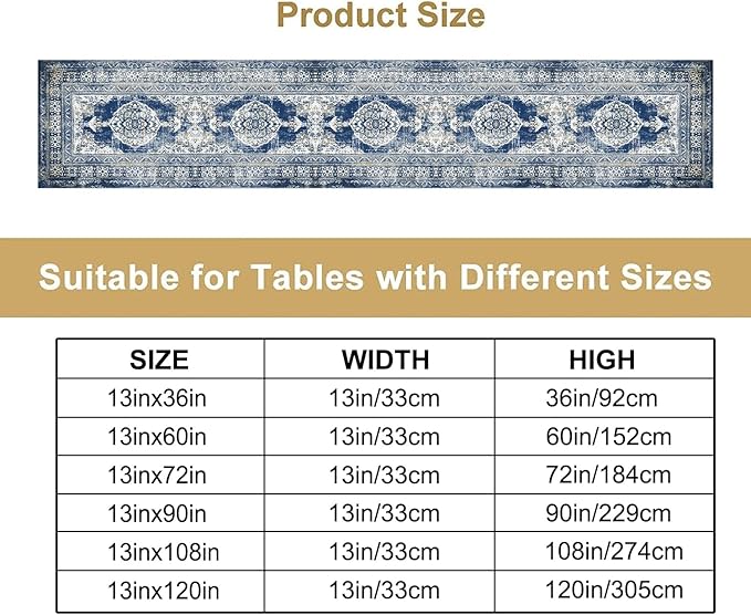 Vintage Boho Floral Table Runner, Rustic Country Farmhouse Blue Teal Retro Flower Pattern for Home Kitchen Table Decor Dining Coffee Room Party Decor 13x72in