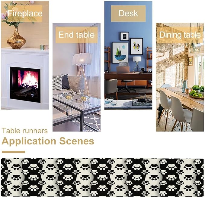 Dog Paw Table Runner,Kid Cute Animal Footprint Black White Theme Design Print Tablecloth Burlap for Hotel Indoors Outdoor Dining Room Kitchen Home Decor,W13X L70 in
