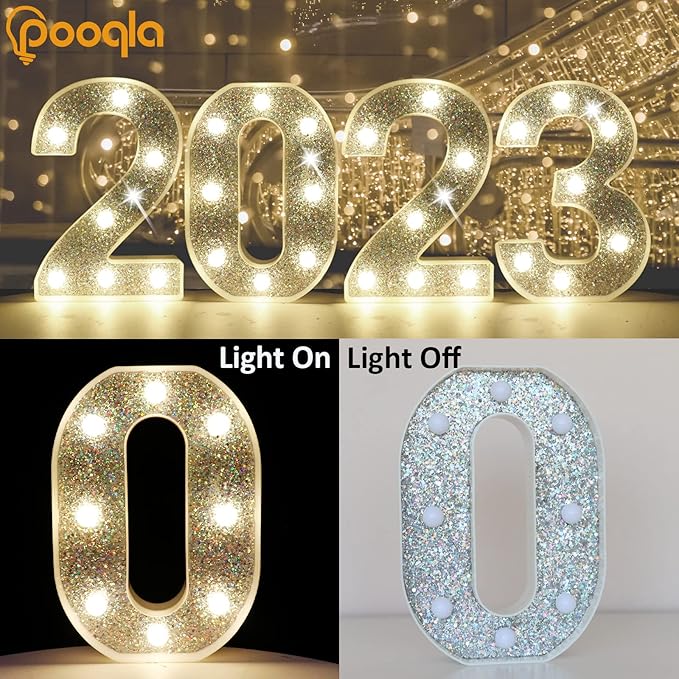 Pooqla Marquee Light up Numbers, Lighted Numbers for Silver Birthday Decorations, Night Light Battery Powered for Silver Party Decorations, Gift for Boys Girls Christmas Wedding Home Room Decoration