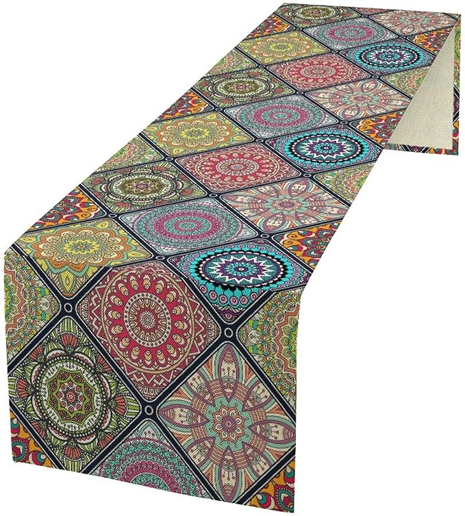 Boho Bohemian Table Runner, Vintage Indian Floral Print Table Cover for Farmhouse Kitchen Dining Table Decor Holiday Party, 13x36inch