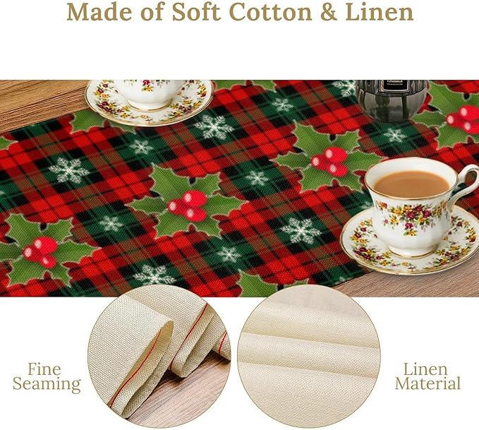 Christmas Table Runner, Red Check Plaid Winter Xmas Holiday Table Cloth Kitchen Dining Table Decoration for Home Party Decor 13x36 Inch