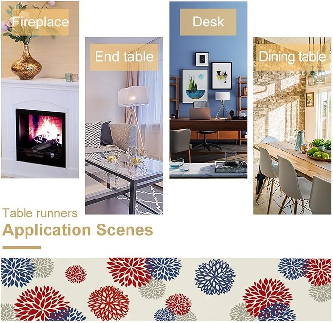 4th of July Table Runner, Blue Red Dahlia Flower American Patriotic Memorial Day Table Runner for Farmhouse Kitchen Dining Table Party Decor, 13x70inch