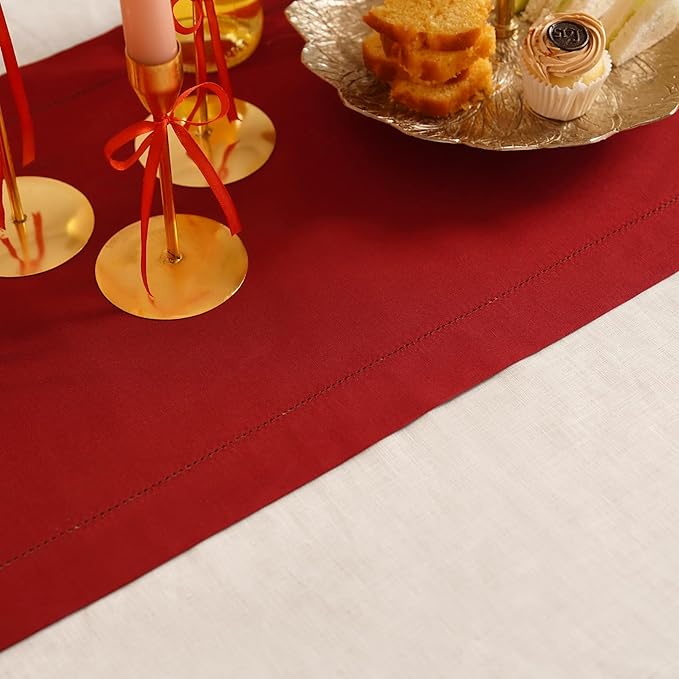 Red Table Runner 36 Inch – Cotton Linen Hemstitch Farmhouse Table Runner 14x36 – Washable Fabric for Dining, Fall, Halloween, Thanksgiving, Spring, Summer, Wedding, Everyday Décor – Serena