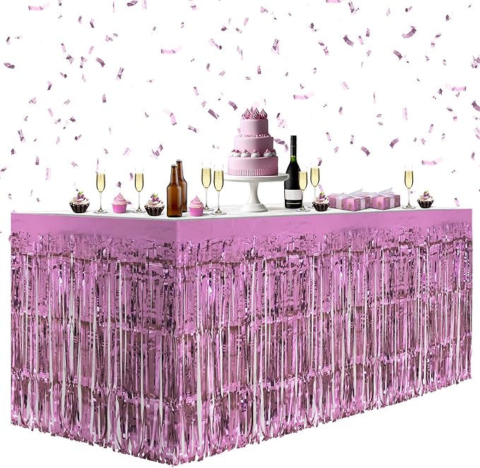 2 Pack Pink Table Skirts, 29x108" Metallic Foil Tinsel Fringe Table Skirts for Rectangle Tables Streamer Curtains Backdrop, Party Decorations for Birthdays Weddings Holidays