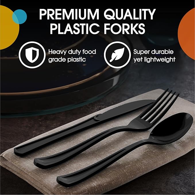 Disposable Plastic Cutlery Set, 300 Pieces, Black Heavy Duty