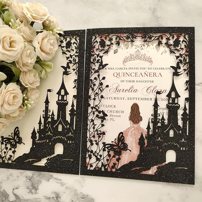 20PCS Castle Pocket Invitations, Quinceanera Invitations with Envelopes, Princess Invitation, Laser Cut quince invites (glitter black)