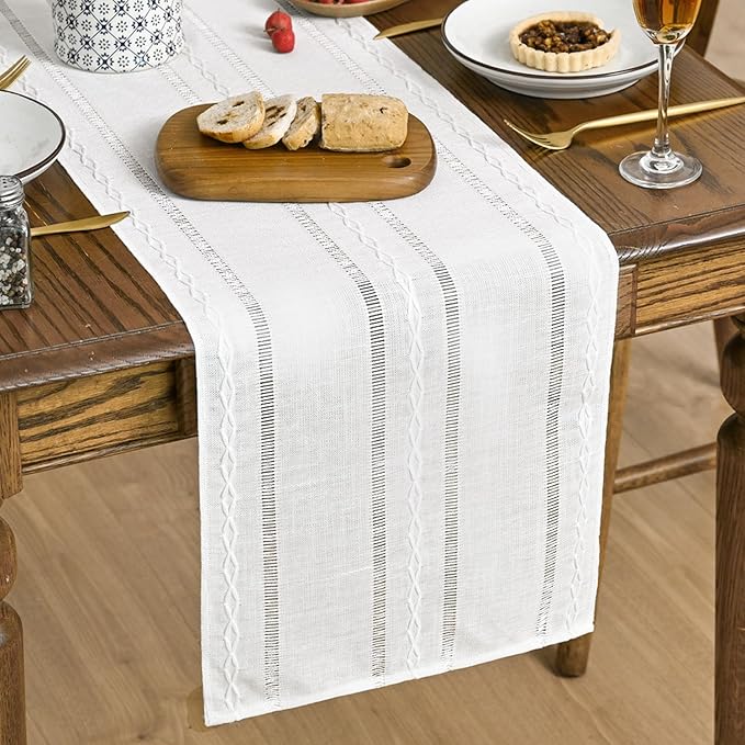 Artoid Mode Rustic Cotton Linen Table Runner, Seasonal Embroidered Hollow Kitchen Dining Table Decoration for Home Party Decor 13x60 Inch