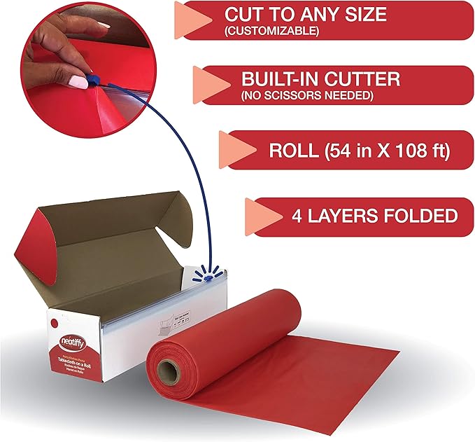 Red Plastic Table Cover Roll with Slide Cutter, 54 x 1296 Inch