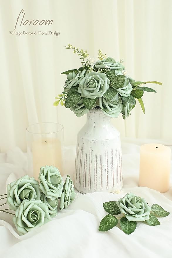 Floroom Artificial Flowers 50pcs Real Looking Elf Green Foam Fake Roses with Stems for DIY Wedding Bouquets Bridal Shower Centerpieces Sage Green Floral Arrangements Home Decorations