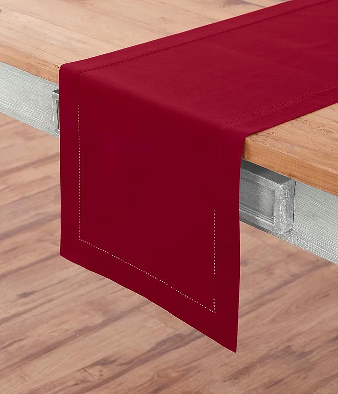 Solino Home Red Table Runner 36 Inches - Cotton Linen Hemstitch Coffee Table Runner 14 x 36 Inch Ideal for Dresser Tables - Fall, Autumn, Halloween, Christmas, Holiday