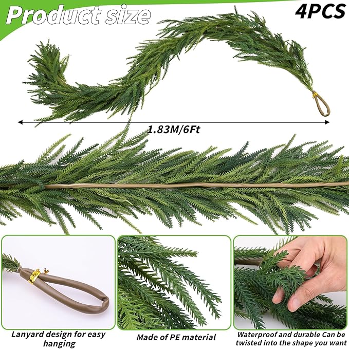 Norfolk Pine Garland, 6 Ft Green PE Artificial Christmas Decor, 5 Pack