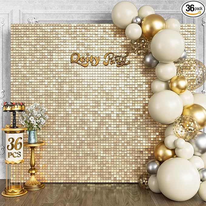 Qcity Champagne Gold Shimmer Wall Backdrop 36PCS, Black Back Not See-Through Design, Square Sequin Glitter Backdrop Panel, Perfect for Outdoor Events, Birthdays, Wedding and Party Decoration