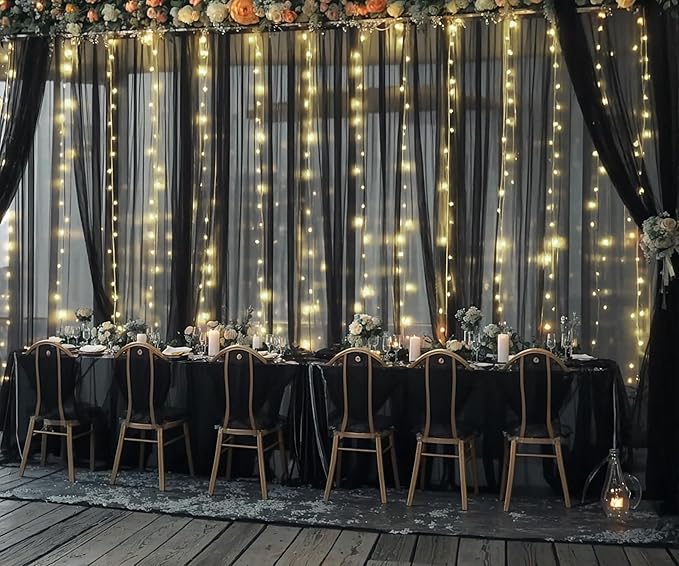 20ft x 10ft Black Tulle Photo Backdrop Curtain with Lights String for Parties Sheer Black Curtain Backdrop for Birthday Party Baby Shower Wedding Photo Booth Photography Background Decorations