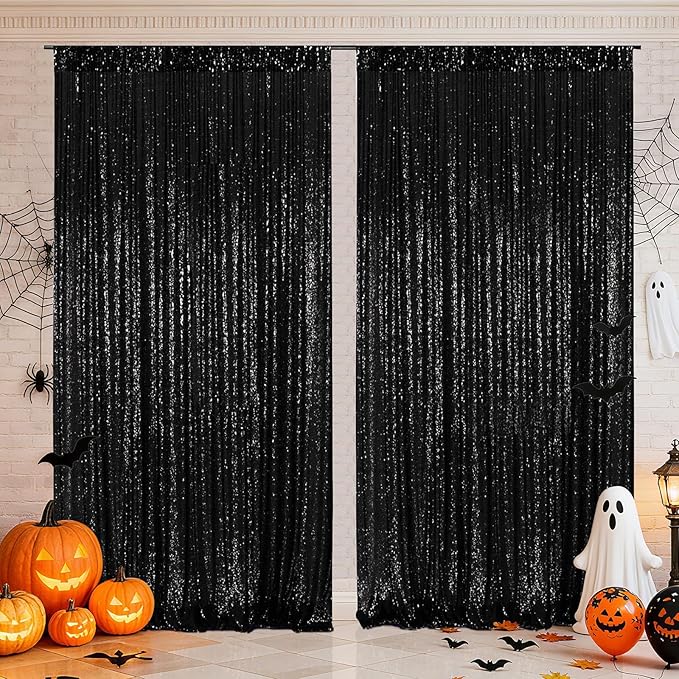 Backdrop Curtain with Black Sequins, 120 x 120 Inch, Pack of 2