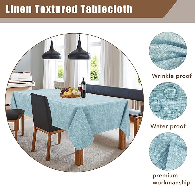 Fitable Faux Linen Tablecloths Rectangle 60 x 102 Inch - 2 Pack Waterproof Table Clothes for 6 Foot Tables, Turquoise Flax Look Table Covers for Farmhouse, Dining, Party, Banquet, Buffet