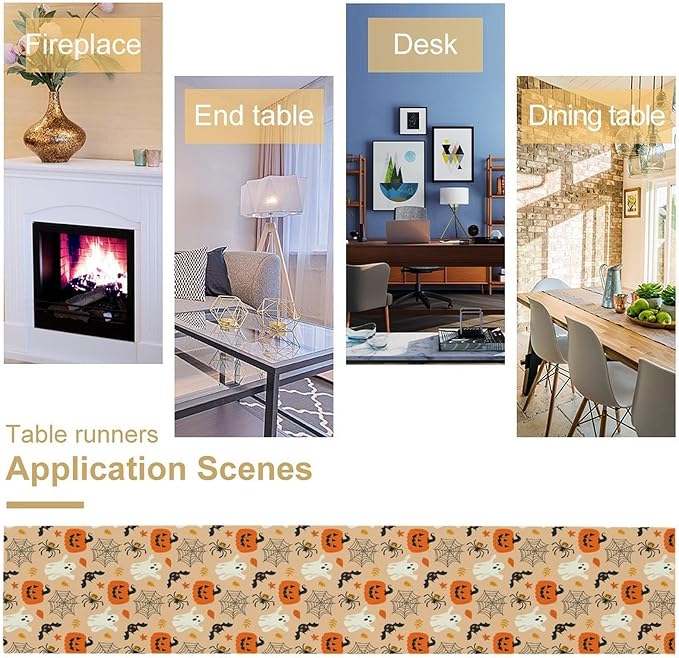 Halloween Table Runner,Cute Ghost Pumpkin Leaves Table Runner for Kitchen Dining Table Decoration Home Party Decor 13x36 Inch