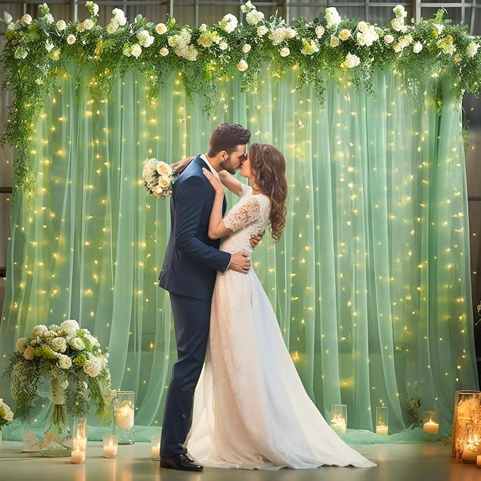 10×10ft Green Tulle Backdrop Curtain with Lights String for Parties, Sheer Photo Curtain Backdrop Drapes for Wedding Party Photography Backgrounds
