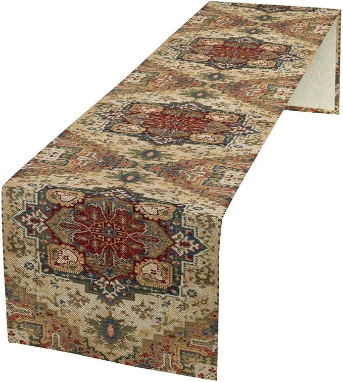 Boho Bohemia Style Table Runner, Vintage Yellow Brown Retro Flower Rustic Country Style Floral Print Pattern for Home Kitchen Table Decor Dining Coffee Room Garden Party Decor 13x72in