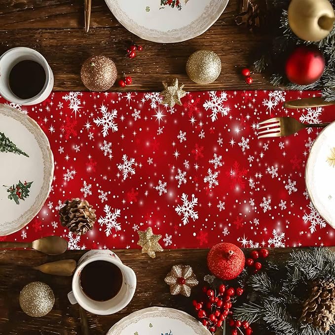 Christmas Snowflakes Cotton Linen Table Runner for Dining Kitchen, Red Xmas Winter Snow Wedding Outdoor Party Tablerunners Decoration, New Year Dresser Scarf Coffee Tablecloth Runners 13x70 Inches