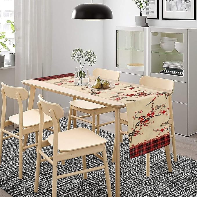 Bird Table Runner,Red Black Buffalo Plaid Blossom Seasonal Table Runner for Kitchen Dining Table Decoration Home Party Decor 13x90 Inch