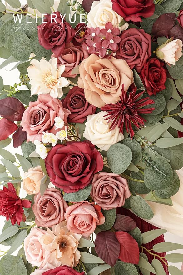 Deluxe Wine Red Artificial Wedding Arch Flowers with Drapes Kit-Pack of 5, 2pcs Flower Arrangements 3pcs Hanging Valance Red Ceremony Arbor Reception Backdrop Rose Floral Decorations.