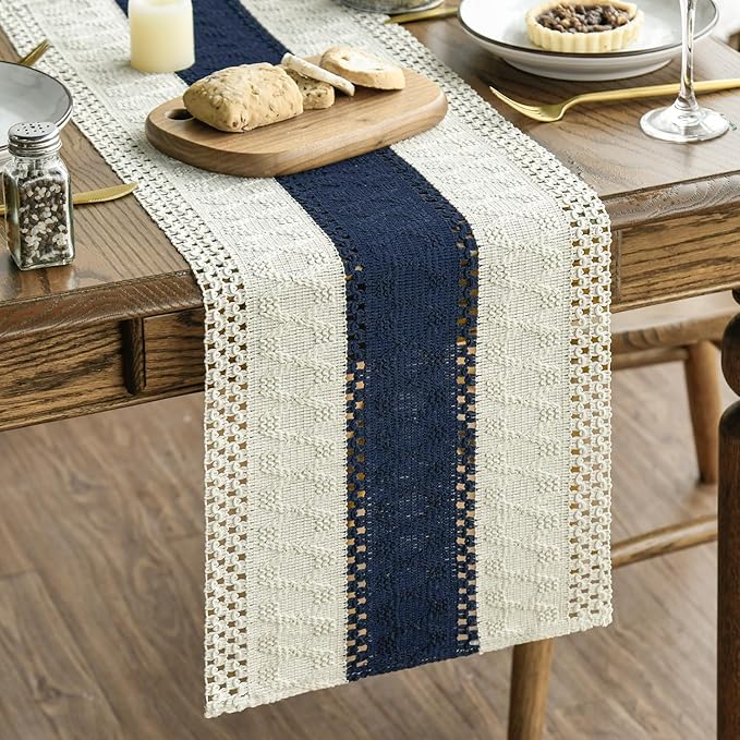 Artoid Mode Dark Blue Farmhouse Rustic Table Runner, Seasonal Holiday Hollow Kitchen Dining Table Decoration for Home Party Decor 12x60 Inch