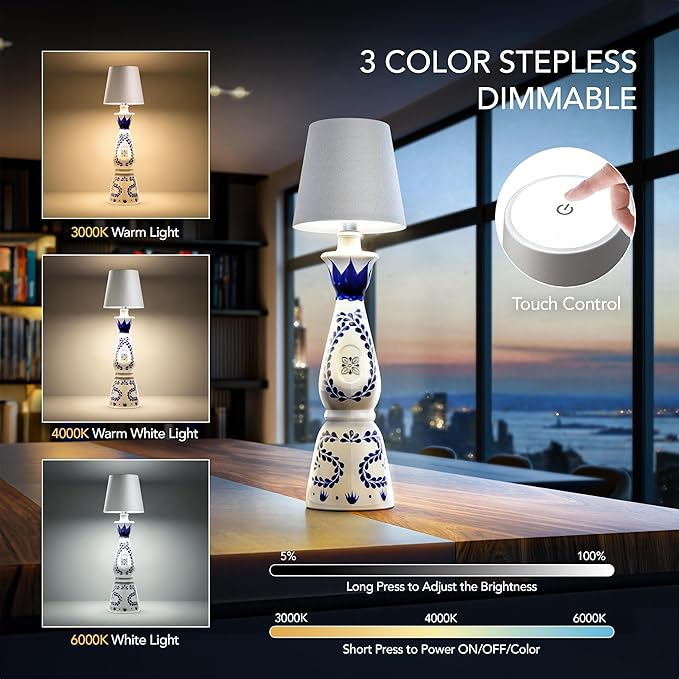 Wireless Bottle Lamp, For Any Type of Bottle - LED Bottle Lamp for Indoor & Outdoor - 100% Waterproof - Adjustable Brightness and Light Temperature 3000-6000K - Wireless & Rechargeable (White)