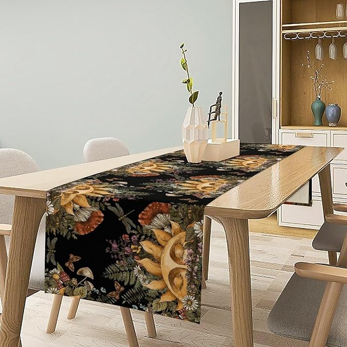Sun Moon Table Runner, Bohomian Mushroom Daisy Table Gothic Dragonly Butterfly Table Center Decor Table Runner for Indoor Outdoor Party Kitchen Dinner Black, 13x120 Inch