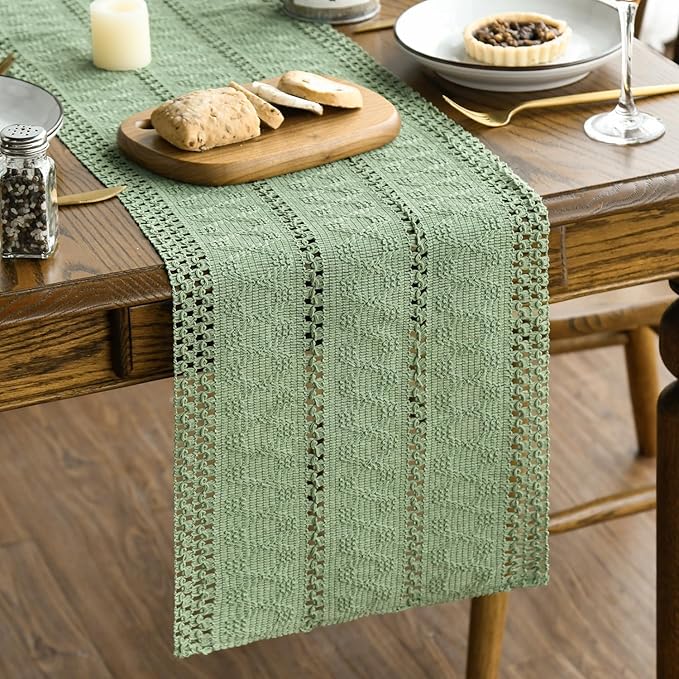 Artoid Mode Light Green Farmhouse Woven Rustic Hollow Table Runner, Seasonal Holiday Hollow Kitchen Dining Table Decoration for Home Party Decor 12x48 Inch
