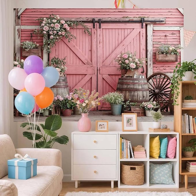 12x10ft Country Wedding Pink Photography Backdrop Rustic Wooden Door Photography Backdrop Farmhouse Flower Western Girl Birthday Baby Shower Wedding Bridal Party Banner Photo Booth Props Background