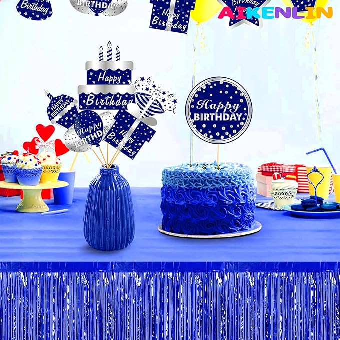 6 Pack 29x108 Inch Metallic Foil Fringe Tinsel Table Skirts Banner for Rectangle Tables Streamer Garland Curtains Backdrop for Wedding, Birthday, Parade Floats, Christmas Party Decoration(Blue)