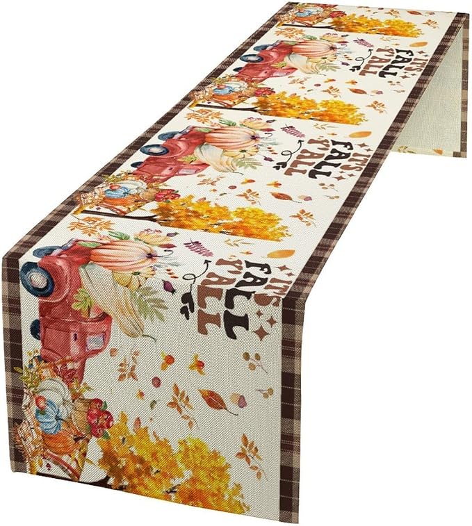 Fall Pumpkin Table Runner,Rustic Maple Yellow Leaf Trees Truncks Brown Plaid Tablecloth Burlap for Hotel Indoors Outdoor Dining Room Kitchen Home Decor,W13X L60 in