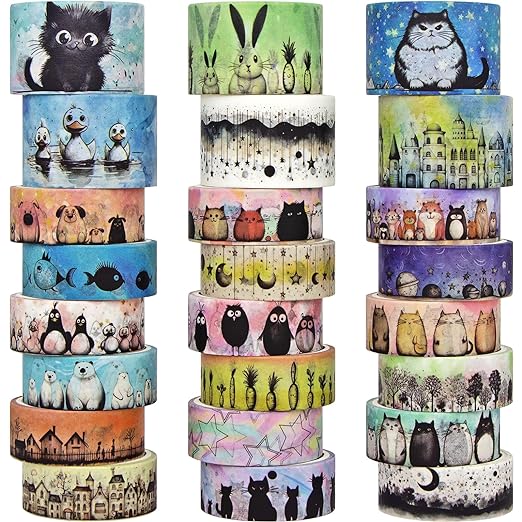 Cute Washi Tape Set - 24 Rolls Kawaii Animals Decorative Washi Tape for Scrapbooking Supplies, Bullet Journal Supplies, Junk Journal, Kids Art Craft Tape