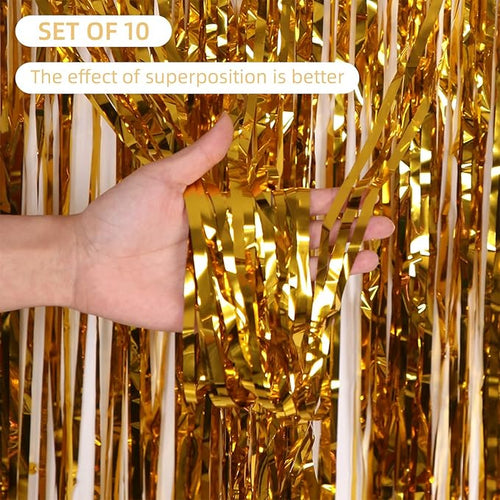 10 Pack Gold Backdrop Curtain 3.2ft x 8.2ft Metallic Tinsel Foil Fringe Curtains Photo Booth Background for Birthday Party Decoration Baby Shower Engagement Wedding Christmas Decoration (Gold)