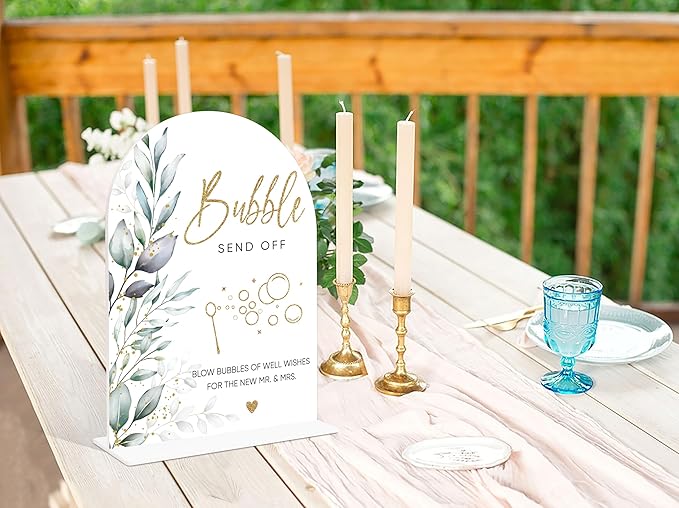 Acrylic Wedding Signs, Greenery Theme Bubbles Send Off Sign, Wedding Reception Signage, Bridal Shower Table Decor with Stand, Engagement, Anniversary, Newlywed Events and Parties Supplies, 14