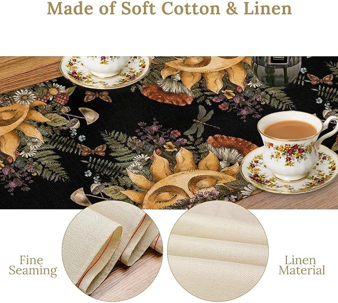 Sun Moon Table Runner, Bohomian Mushroom Daisy Table Gothic Dragonly Butterfly Table Center Decor Table Runner for Indoor Outdoor Party Kitchen Dinner Black, 13x120 Inch