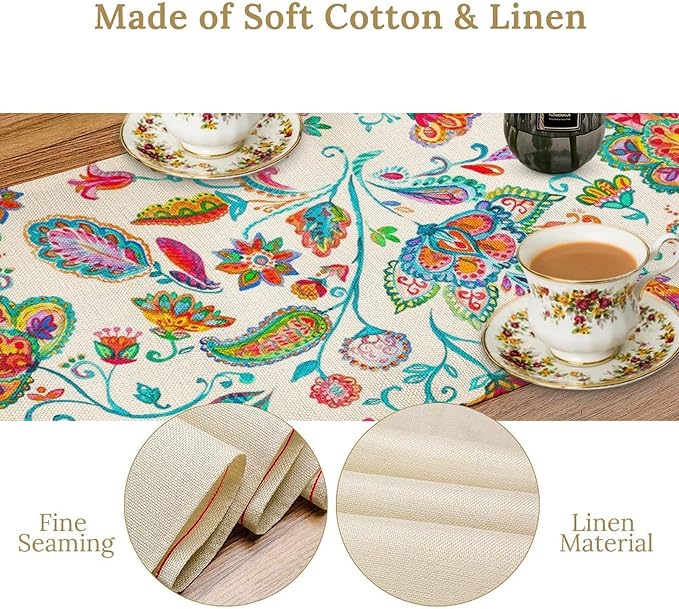Paisley Table Runner, Watercolor Floral Oriental Indian Traditional Tulips Leaves Bohemian Paisley Print Table Runner for Kitchen Dining Tables Party Decor, 13x90inch