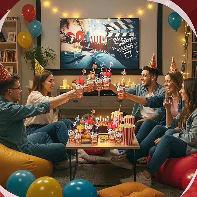 Yungyan 24 Sets Movie Night Party Favors Goodie Cups with Lids and Straws for Halloween Party Decorations Reusable 16oz Plastic Candy Cups Plastic Straws for Birthday Gift(Movie Night)