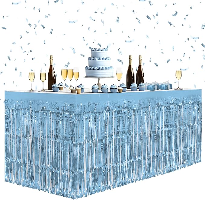 4 Pack Light Blue Table Skirts, 29x108" Metallic Foil Tinsel Fringe Table Skirts for Rectangle Tables Streamer Curtains Backdrop, Party Decorations for Birthdays Weddings Holidays