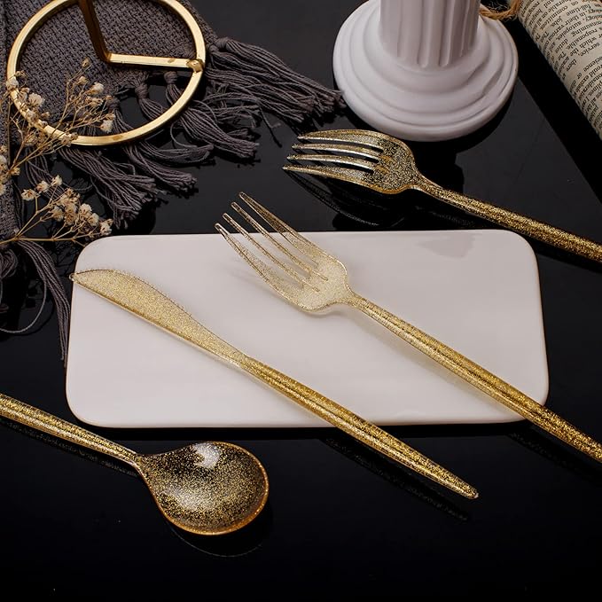 Plastic Spoons, 180 Count Gold Glitter Party Flatware Set
