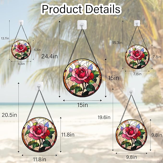 Stained Glass Window Hanging - Pink Rose Suncatcher for Door Garden Home Decor Birth Flower Sun Catcher Christmas Birthday for Friend Lovers Women Mom Nana 6.3 in