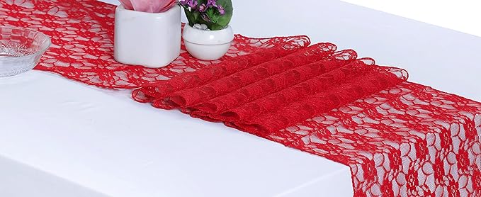 MDS Pack of 10 Wedding 12 x 108 inches Lace Table Runner for Wedding, Decorations for Birthday Parties, Banquets, Graduations, Engagements, and Runners fit Rectangle, Round Table- Red