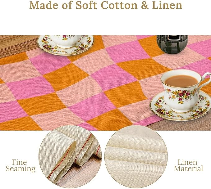 Checkered Table Runner Orange Retro 60s70s Boho Style Kitchen Restaurant Decoration Suitable for Indoor and Outdoor Festival Home Wedding Party Table Runner 13x70 Inch