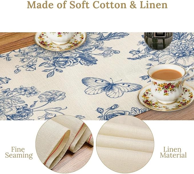 Monochrome Sketch Flowers Table Runner, Seasonal Spring Fall Plants Blue Florals Butterfly Dinner Runner for Home Kitchen Dining Table Party Holiday Decoration 13"x60"