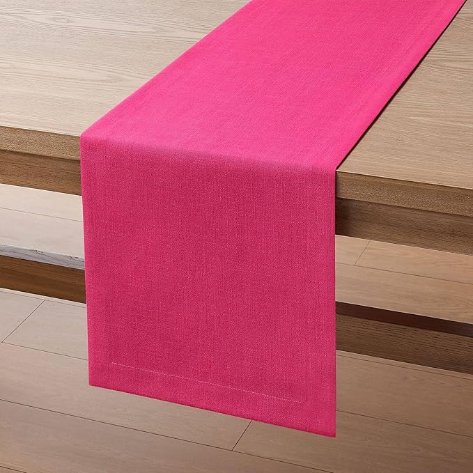 ZeeMart Linen Textured Border Table Runner, 14 x 72 Inch Hot Pink, Farmhouse Style Pink Table Runners 72 Inches Long, Easy Care Everyday Polyester Table Runner