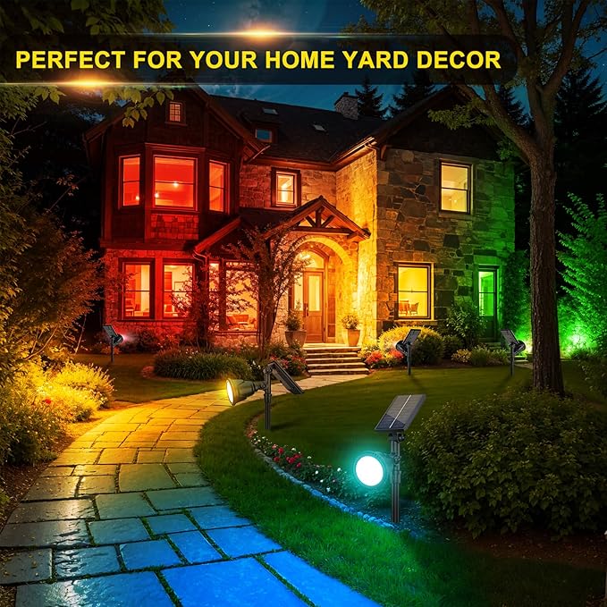 Solar Spotlights 2 Pack, Outdoor Halloween Lights, 7 Colors, IP65